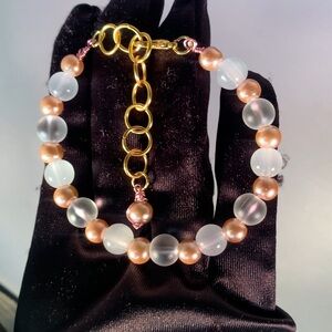 CHAMPAGNE HALO — Glass Pearl & Frosted Bead & Copper Artisan Bracelet with Charm